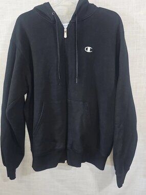 Men's Champion ECO Black Full Zip Hooded Drawstring Jacket-Size: Medium